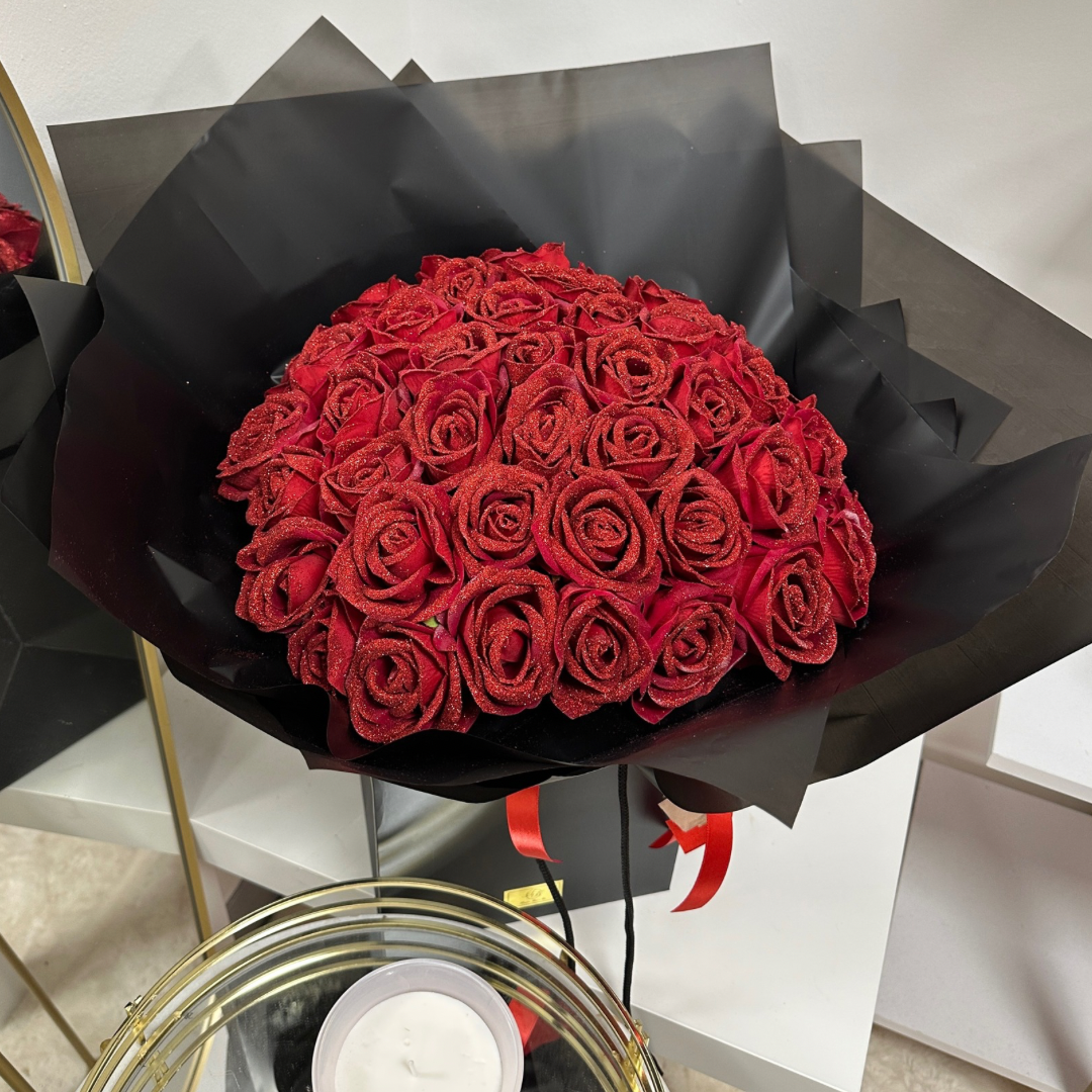 50 Red Glitter Forever Roses